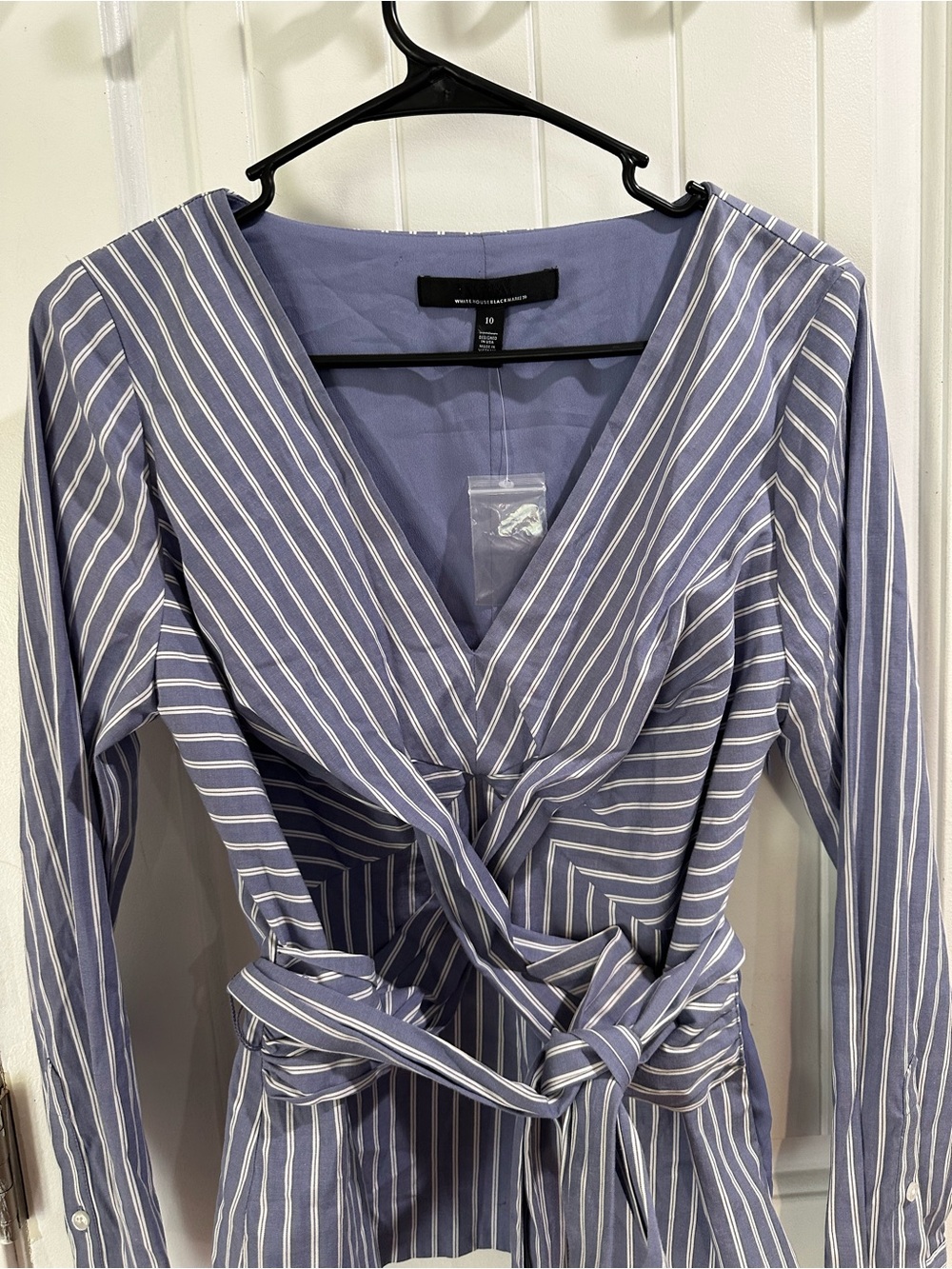 White House Black Market 10 Blue Stripe Twist Front Tie-Waist Blouse - Picture 5 of 6
